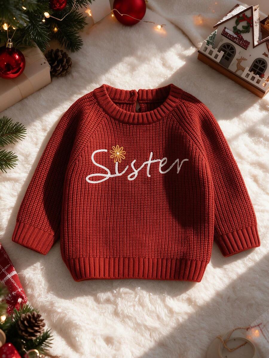Infant Toddler Round Neck Knitted Sweater Sister Letter & Floral Embroidery Top Girls Vintage Burgundy Raglan Sleeve Back Button Baby Spring Autumn Sweater - Burgundy - View 1