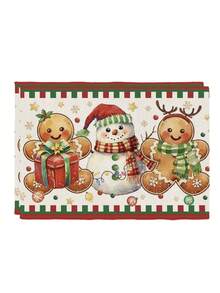 4 Pcs Christmas Gingerbread Man Snowman Placemats Gift Box Snowflake Stripe Border Heat Resistant Table Mats Farmhouse Xmas Dining Table Decor - Red and White - View 13