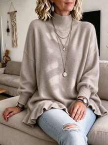 Plus Size Women's Fuzzy Medium Stretch Knit Stand Collar Ruffle Hem Pullover Sweater, Suitable For Autumn/Winter - Apricot - View 4