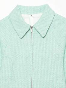 Women's Tweed Cropped Jackets Zip Up Collared Long Sleeve Casual Outerwear Mint Green Short Jacket Fall Outfit For Women - Mint Green - View 5