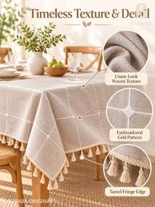 Bubaba 1pc Beige Embroidered Plaid Rectangular Tablecloth With Tassel Fringe, Cotton Polyester Blend Linen Texture, Vintage Bohemian Farmhouse Style, Suitable For Kitchen, Dining Room Rustic Table Decor, Daily Use And Family Gatherings - Multicolor - View 3