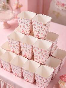 10pcs/Set Themed Popcorn Boxes, Floral Pattern Snack Containers, Spring/Summer Party Decor, Gender Reveal Party Decor, Disposable Food Containers, Birthday Decorations, Wedding Supplies, Bridal Shower Favors, Holiday Party Essentials - Little Flower Fairy - View 3