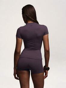 PinkTip Summer Basic Fitness Set, High Waist Summer Clothing Casual And Holiday Essential, Summer Purple Short Sleeve And Purple Shorts Set Sports - Purple - View 5