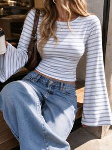 Plus Size Striped Contrast Knit Flare Long Sleeve T-Shirt For Women, Elegant Going Out Top,Casual Everyday Wear,Vacation,Fall - Baby Blue - View 4