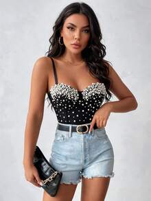 Handmade Faux Pearl Versatile Backless Camisole Top, Fashionable Resort Style Casual Black Summer - Black - View 3