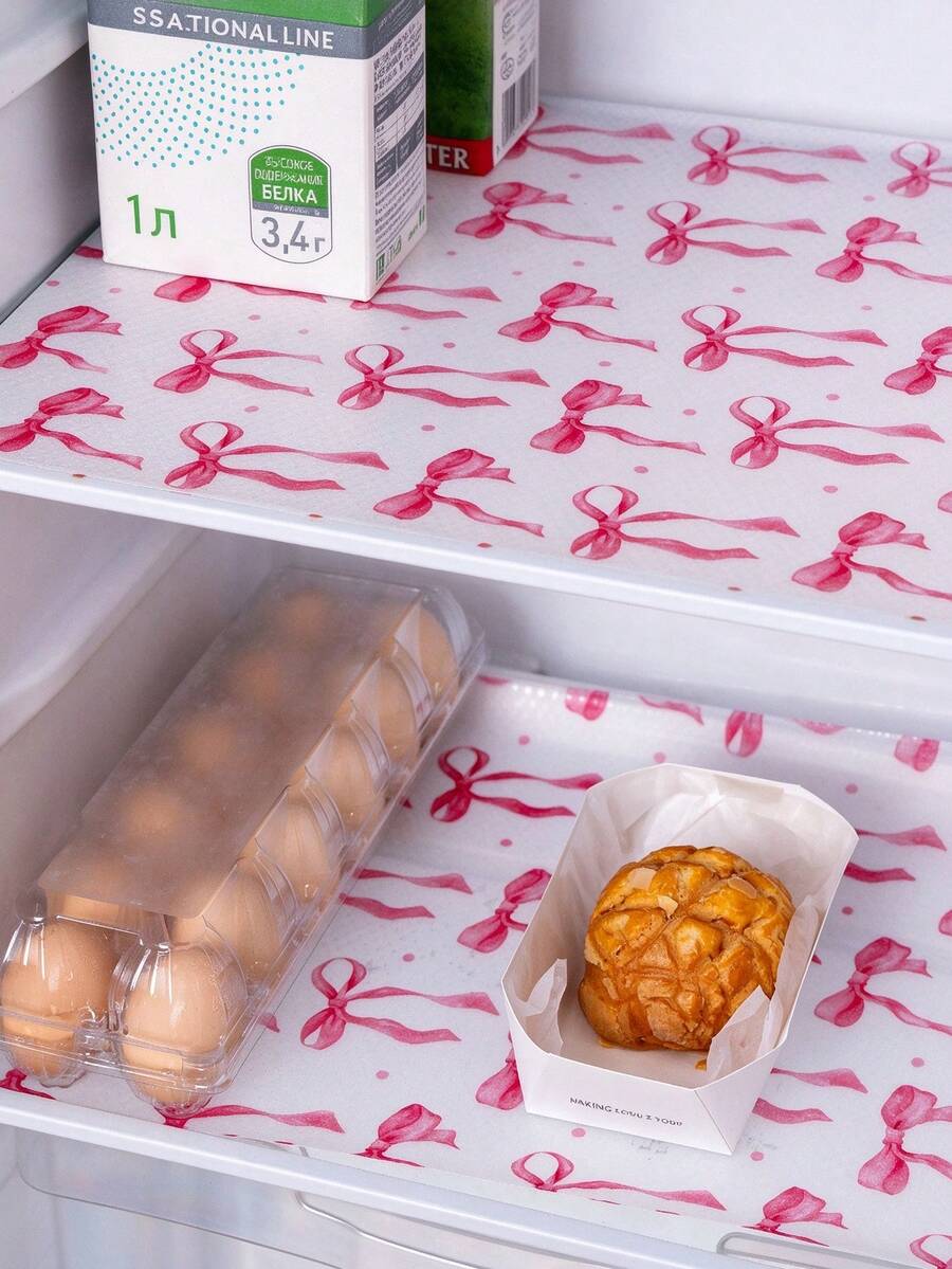 4 Reusable Refrigerator Pads - Strawberry Print/Drawer Lining, Moisture-Proof Pad, EVA Material (Non Self-Adhesive) Suitable For Refrigerator And Kitchen Decoration, Kitchen Essentials/Tools/Supplies/Accessories, Christmas, Kitchen Accessories - Bow Pattern - View 1