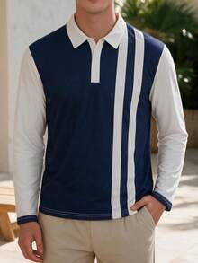Men's Navy & White Contrast Vertical Striped Long Sleeve Polo Shirt, Old Money Style Casual Collared Top - Multicolor - View 2