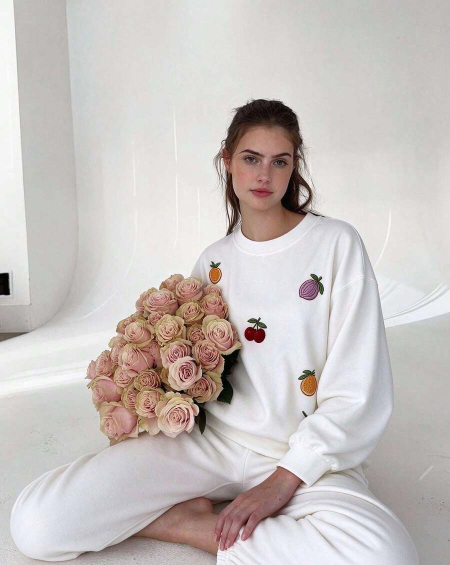 Women's White Fruit Embroidery Sweatshirt & Sweatpants Set, Crew Neck Loose Long Sleeve Drawstring Cuffed Pants 2 Pieces Set, Casual Home & Light Sports Outfit - White - View 1