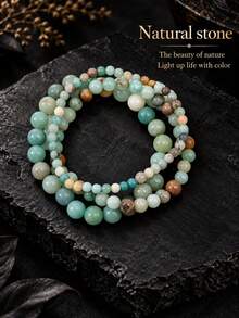 Women's Green Natural Stone Beaded Bracelet 3-Piece Set, Mixed Amazonite Beads, Stackable Elastic Bracelet, Bohemian Style Fashion Accessory - Multicolor - View 6