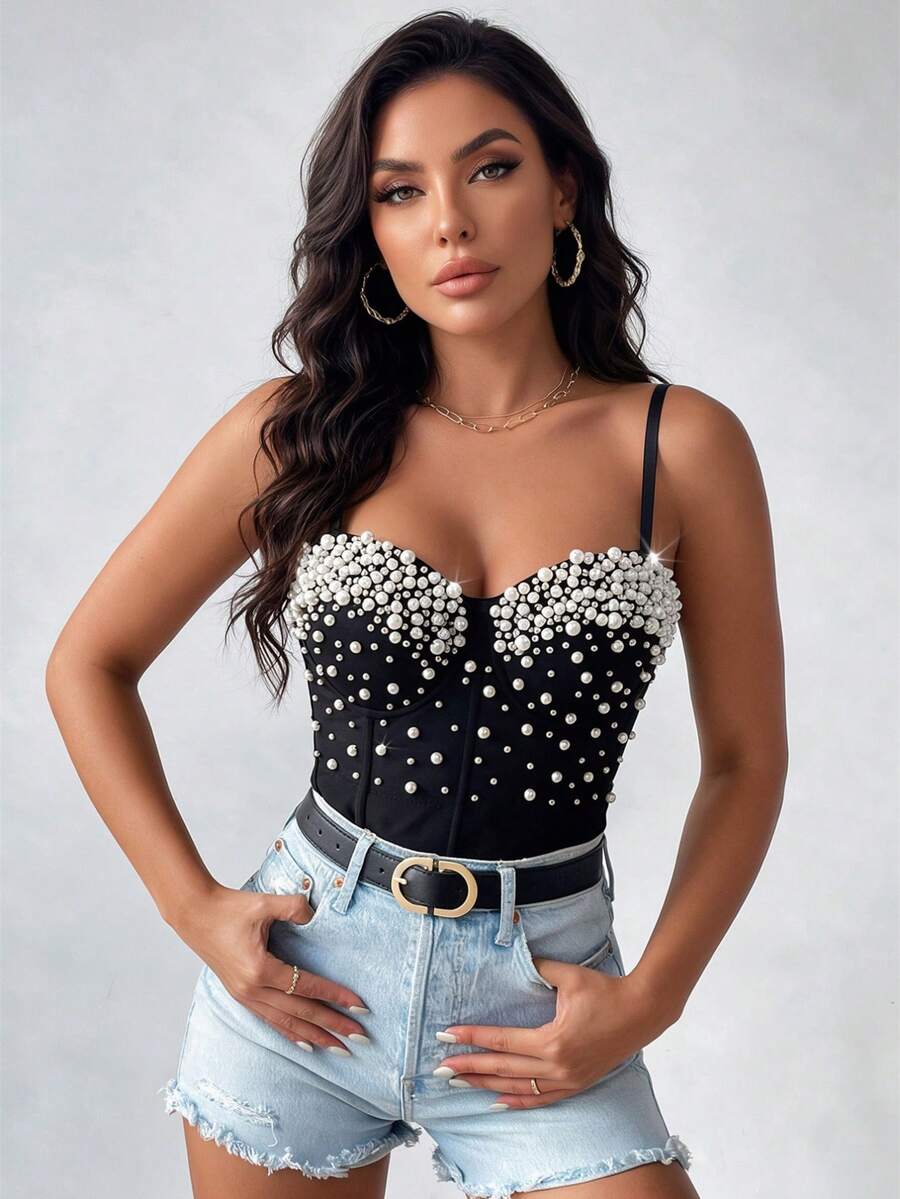 Handmade Faux Pearl Versatile Backless Camisole Top, Fashionable Resort Style Casual Black Summer - Black - View 1