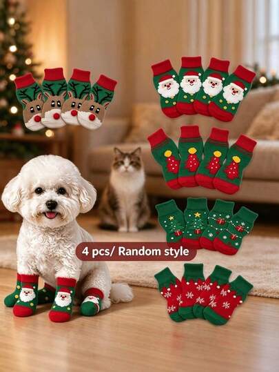 4 piezas/Set Calcetines Antideslizantes para Perros Serie Navideña, Previenen Lamer y Morder Pisos de Madera Dura, Agarre Fuerte, Calcetines Antirascado para Perros, Suela de Silicona Antideslizante, Cubiertas Protectoras de Patas de Dibujos Animados Lindos, Adecuados para Perros Pequeños y Medianos y Gatos Calcetines Cálidos para Cachorros de Interior, Estilo Aleatorio
