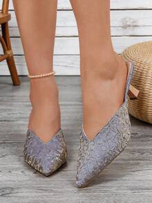 Women's Grey Ruched Texture Pointed Toe Kitten Heel Sandals, Slip On, Elegant New Summer Design Style - Grey - View 7