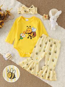 2pcs Baby Girl Cute Long Sleeve Bee Print Bodysuit + Flared Pants + Headband Set, Thin Spring/Autumn - Yellow - View 1