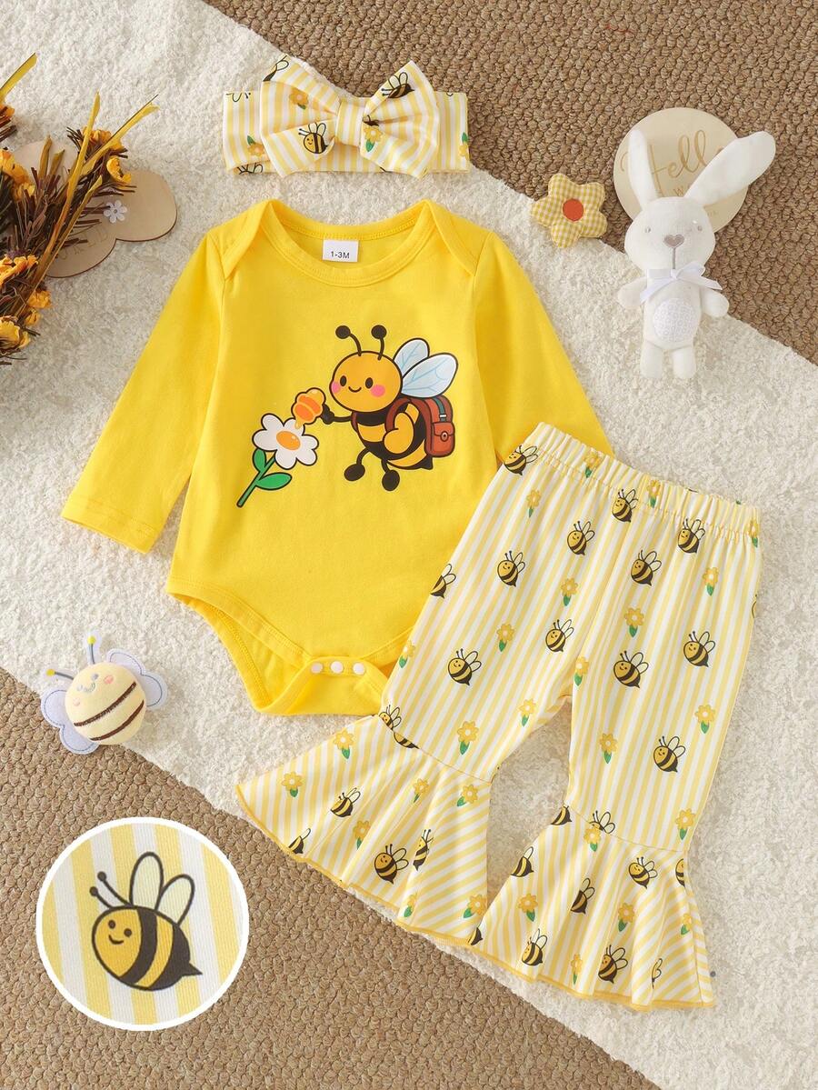 2pcs Baby Girl Cute Long Sleeve Bee Print Bodysuit + Flared Pants + Headband Set, Thin Spring/Autumn - Yellow - View 1