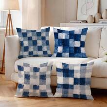 4pcs/1pc Blue Gray Square Abstract Grid Pattern Pillow Case, Single-Sided Printed Pillow Cover, Suitable For Living Room Bedroom Home Decor, All Season Pillow Case - Multicolor - View 7