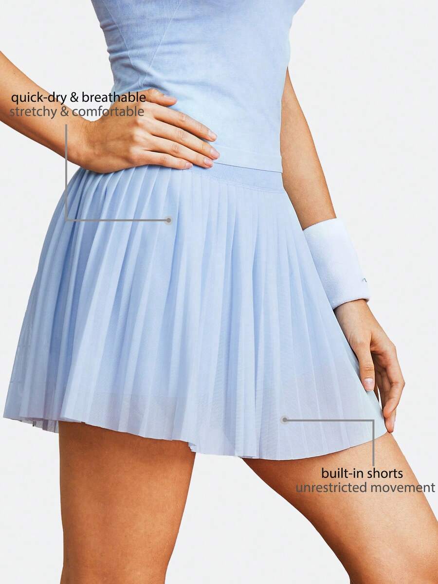 Leorrey 1pc Women's Solid Color High Waist Ribbed Elastic Waist Mesh Patchwork Anti-Chafing Lining Pleated Sports Skirt - Blue - View 1