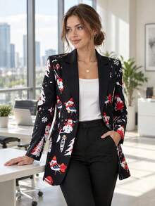 HOMEYEE Áo blazer nữ Noel hài hước phong cách Ugly Christmas, cài nút trước, tay dài, dáng regular fit, chất liệu polyester, phù hợp cho tiệc lễ hội - màu đen - Xem 1