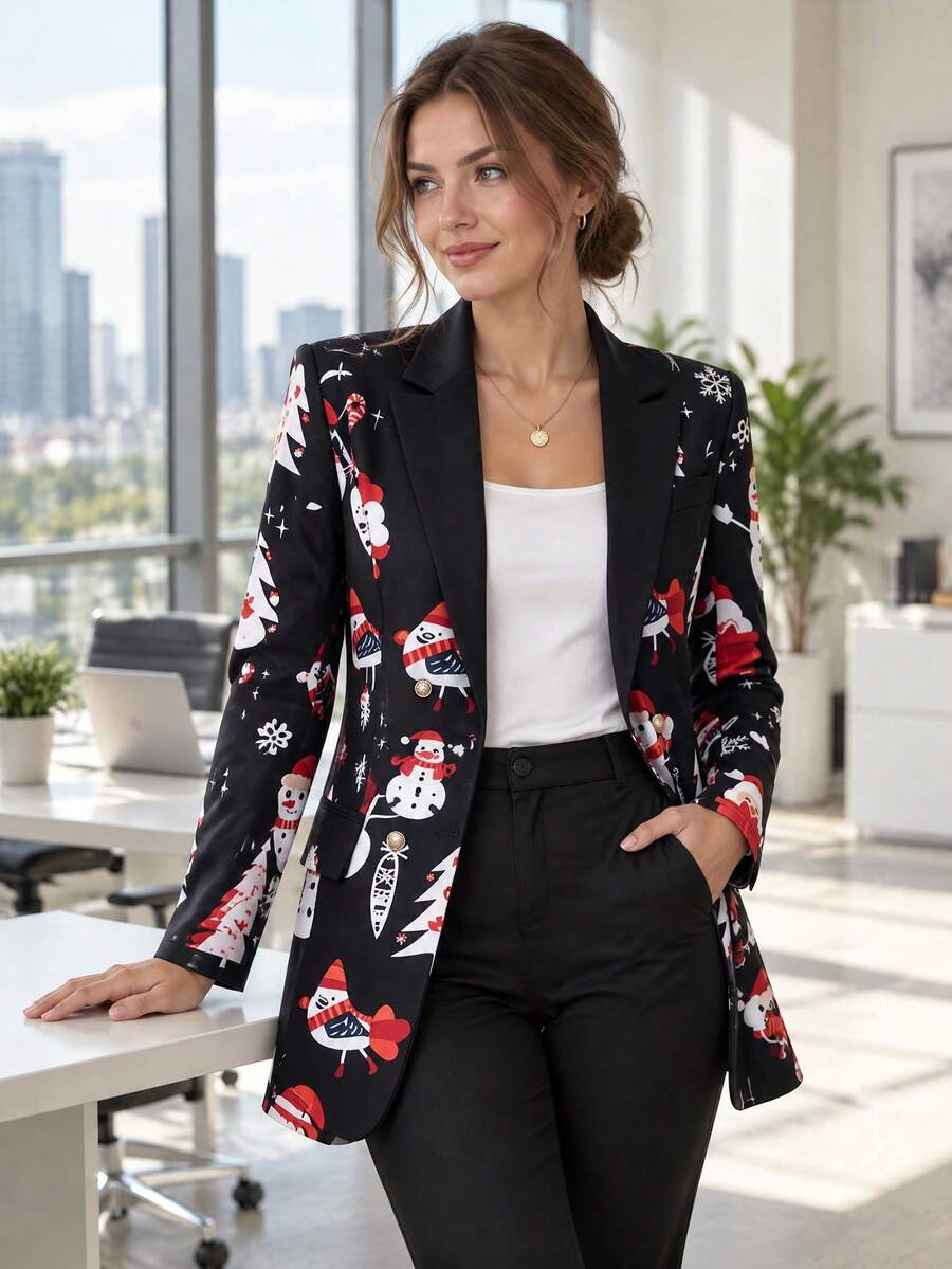 HOMEYEE Áo blazer nữ Noel hài hước phong cách Ugly Christmas, cài nút trước, tay dài, dáng regular fit, chất liệu polyester, phù hợp cho tiệc lễ hội - màu đen - Xem 1