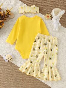 2pcs Baby Girl Cute Long Sleeve Bee Print Bodysuit + Flared Pants + Headband Set, Thin Spring/Autumn - Yellow - View 2