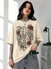 1pz Playera holgada para mujer cómoda con estampado de esqueleto floral estilo gótico aesthetic camiseta casual para Halloween y Día de Muertos - Albaricoque - Ver 6