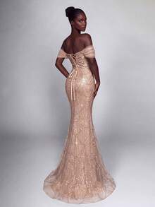 Elegant Cold Shoulder Ruched Sleeve Beaded Sequin Mermaid Dress, Ideal For Photography, Beach Vacations, Resorts, Parties And Formal Events - Champagne - View 2