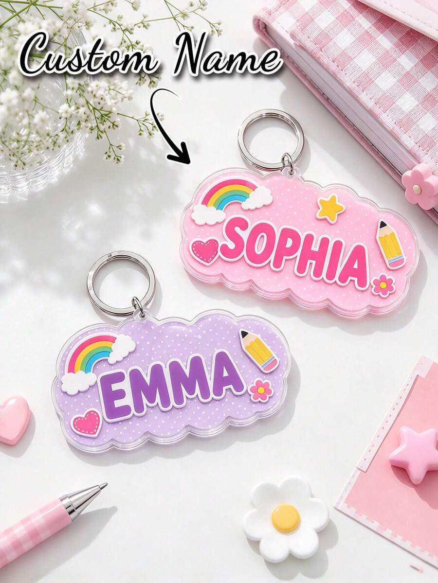 1pc Customized Cloud Acrylic Keychain, Personalized Name, Cute Rainbow Pencil Case Charm, Suitable For Backpack, School Bag, Handbag And Luggage, Gift For Girls, Commemorative Keychain, Back To School Keychain - Multicolor - View 1