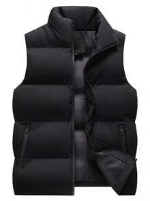 Men's Stand Collar Sleeveless Vest Jacket, Winter Warm Slim Fit Unisex Couple Style Daily Versatile Minimalist Vest Jacket - Black - View 6