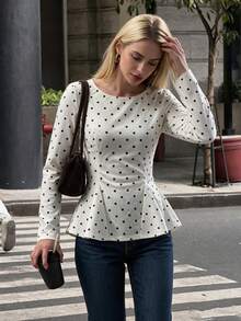 Vuslat Women's Winter Fashion Polka Dot Round Neck Cinched Waist Ruffle Hem Long Sleeve Top, Suitable For Commute, Date, Birthday, Party - Black and White - View 3
