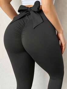 Quần legging yoga size lớn màu đen, thiết kế khoét lưng thắt nơ, nâng mông nhún, kiểm soát bụng, co giãn, quần tập gym Pilates mặc hàng ngày mùa thu - màu đen - Xem 4