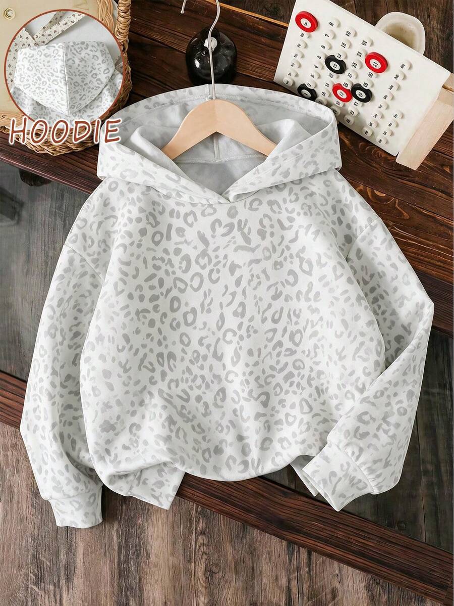 College Style Retro White Leopard Print, Teen Girls Casual Minimalist Loose Soft Hooded Long Sleeve Sweatshirt, Suitable For Autumn/Winter - White - View 1