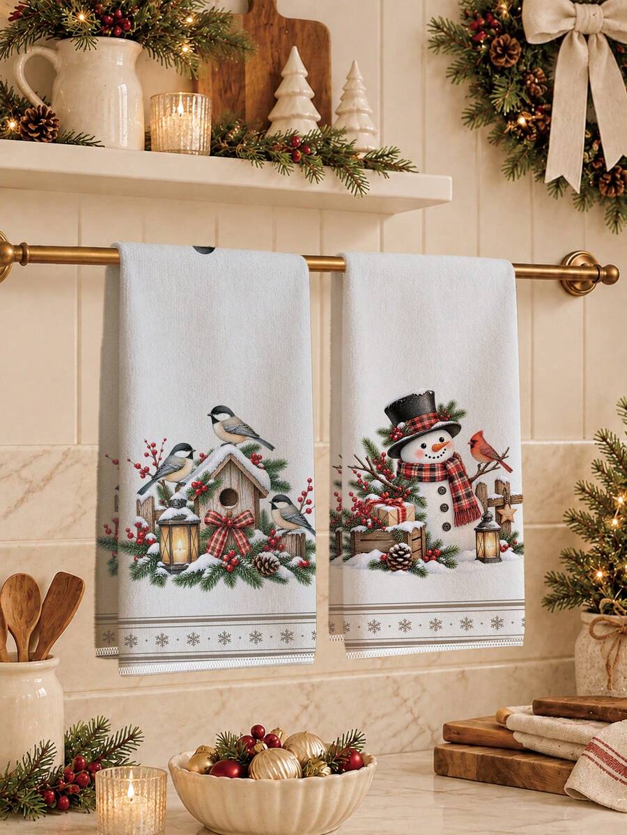 2PCS Kitchen Towels, Christmas Bird Wooden House Vintage Snowman Pattern Kitchen Towels Dish Cloths, 40*60cm Rectangular Soft Microfiber Cleaning Kitchen Towels, Perfect For Kitchen, Dining Room And Bathroom Use, Kitchen Decor, Home Decor, Neighbor Housewarming Gift, Dish Cloths - Multicolor - View 1