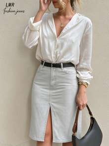 Women's Light Wash Split Hem Denim Skirt, Mid-High Waist Straight A-Line Denim Skirt, Versatile Commuter Skirt - Silver Gray - View 3
