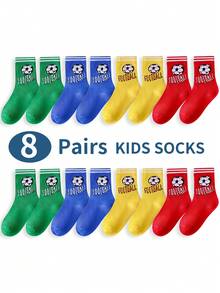 8 Pairs Kids Sports Football Letter Pattern Striped Mid-Calf Socks, Versatile For Boys And Girls, Suitable For Daily Wear - Multicolor - View 8