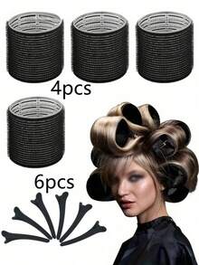 12pcs/Set Black Hair Curlers, Includes 6 Curlers And 6 Plastic Clips, Home DIY Hair Styling Tools - Multicolor - View 16