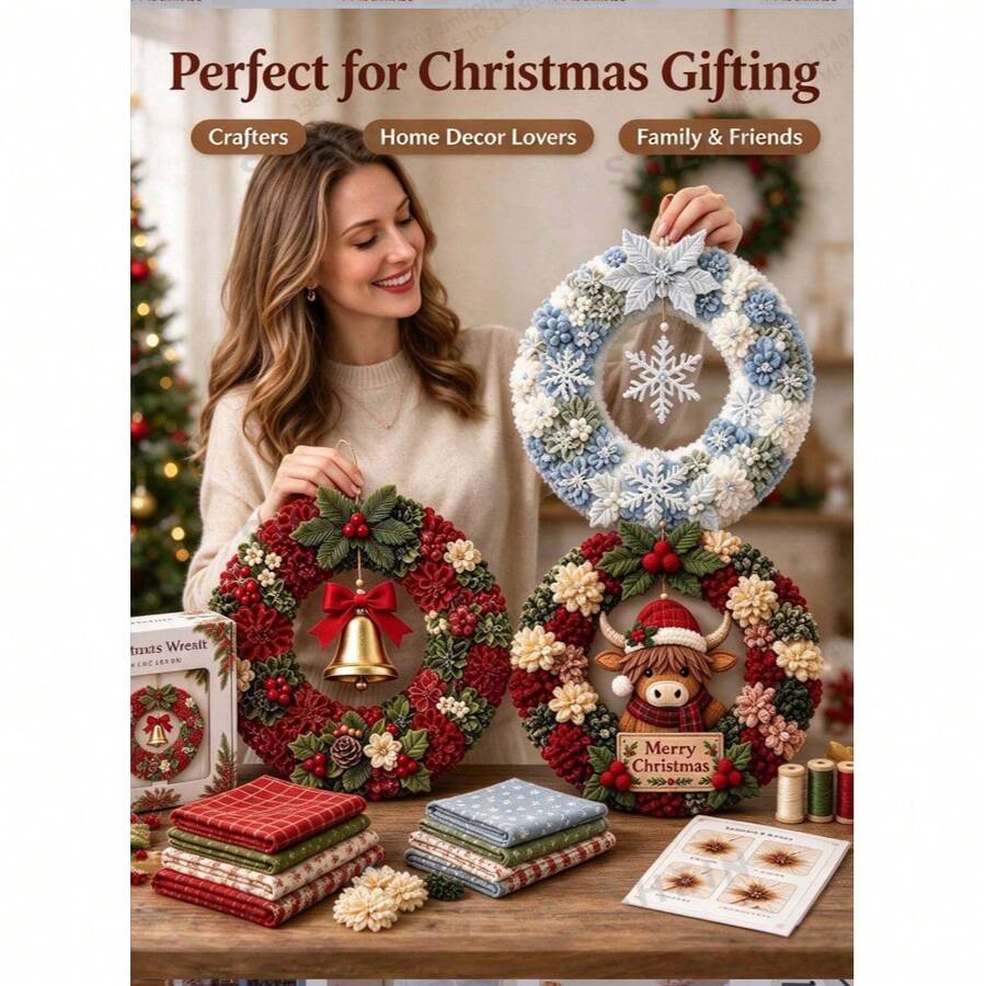 New 3D DIY Fabric Punch Needle Wreath Making Kit, Adult Christmas Wreath DIY Set, Includes Snowflake, Highland Cow, Hummingbird, Bell And Gnome Themes, Suitable For Making Holiday Home Decor
