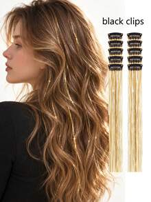 12pcs Women's Fashion Shiny Gold Foil Tassel Hair Clips, Ribbon Straight Hair Extensions, Suitable For Daily Wear, Prom, Party Hair Accessories, Halloween - Multicolor - View 2