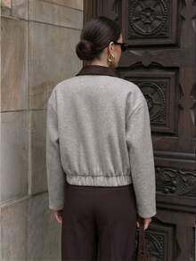 Women's Autumn/Winter New Vintage Grey-Brown Suede Wool Short Jacket, Slim Fit Relaxed Lapel Contrast Design, Casual Commute Date Outfit - Greyish Brown - View 2