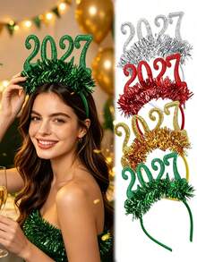 4件組 2027新年跨年假期髮箍－鮮豔多彩亮面多色髮飾，飾有金屬線與亮片，適合聖誕派對與新年慶祝，聖誕髮飾 - 彩色 - 查看 2