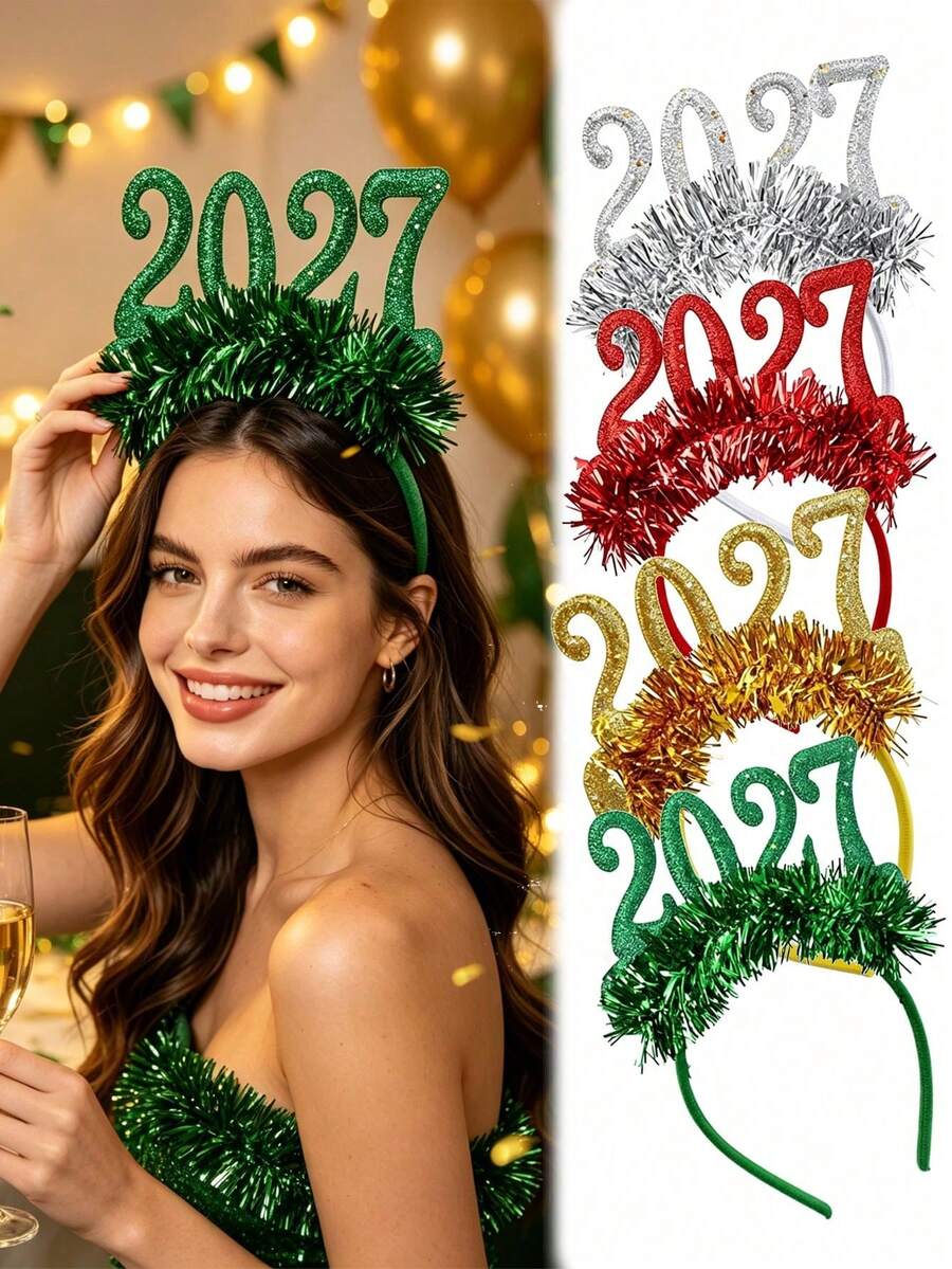 4件組 2027新年跨年假期髮箍－鮮豔多彩亮面多色髮飾，飾有金屬線與亮片，適合聖誕派對與新年慶祝，聖誕髮飾