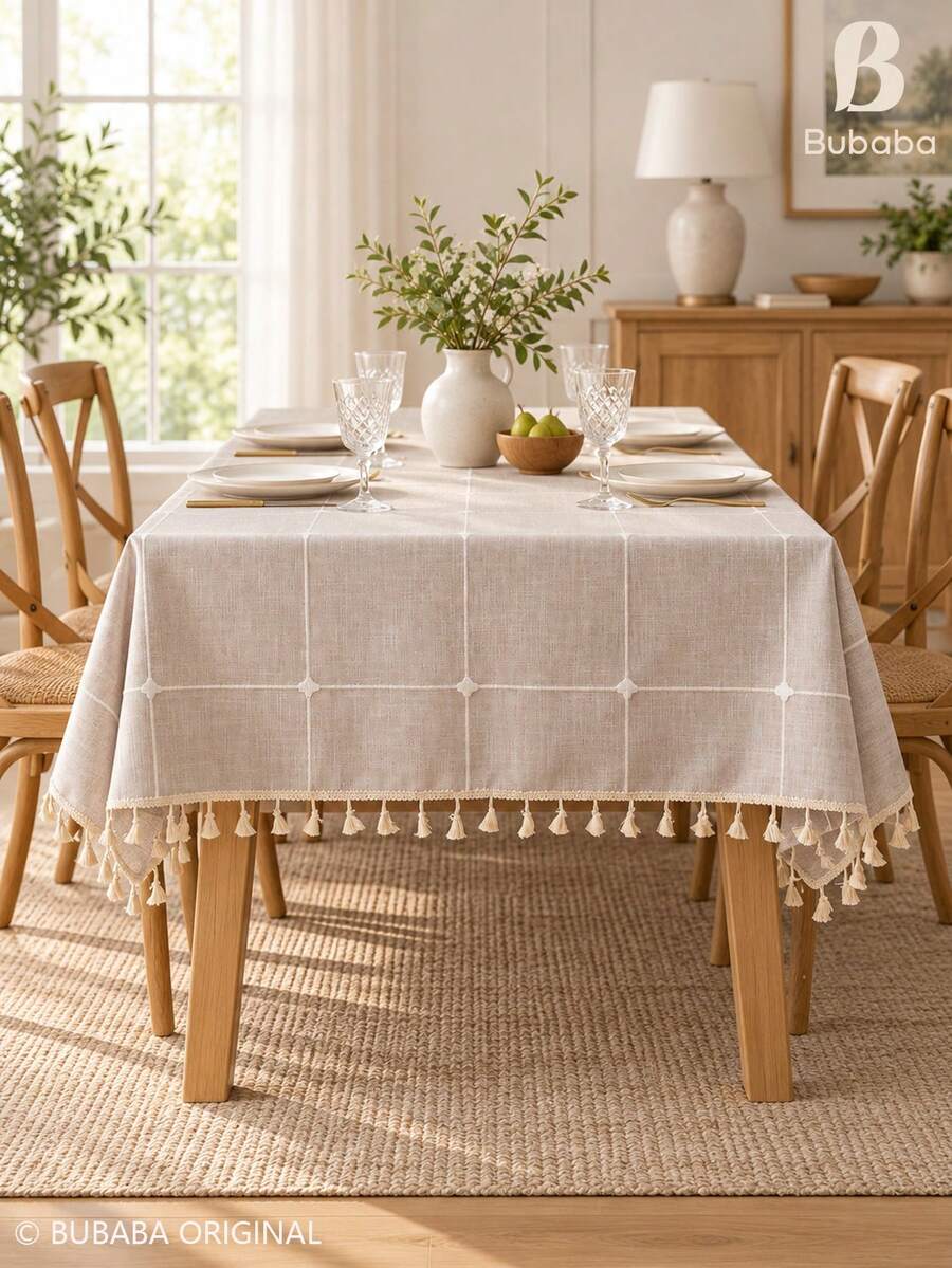 Bubaba 1pc Beige Embroidered Plaid Rectangular Tablecloth With Tassel Fringe, Cotton Polyester Blend Linen Texture, Vintage Bohemian Farmhouse Style, Suitable For Kitchen, Dining Room Rustic Table Decor, Daily Use And Family Gatherings - Multicolor - View 1