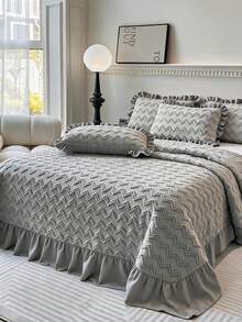 1 Piece Embossed Bedspread Set, Soft Ruffled Trim Quilted BedSpread With Pillow Case Made In Turkey Only - Light Grey - View 2