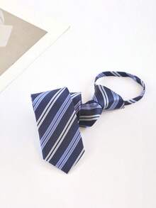 6cm Navy Blue Striped Zipper Tie, Optional Pattern, Men's Pre-Tied Necktie, Business Workwear Student Uniform Formal Tie - Multicolor - View 7