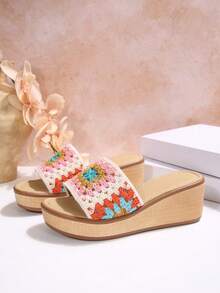 Women Crochet Lace Wedge Slide Sandals, Bohemian Open Toe Platform Slip On Summer Slippers - White - View 7
