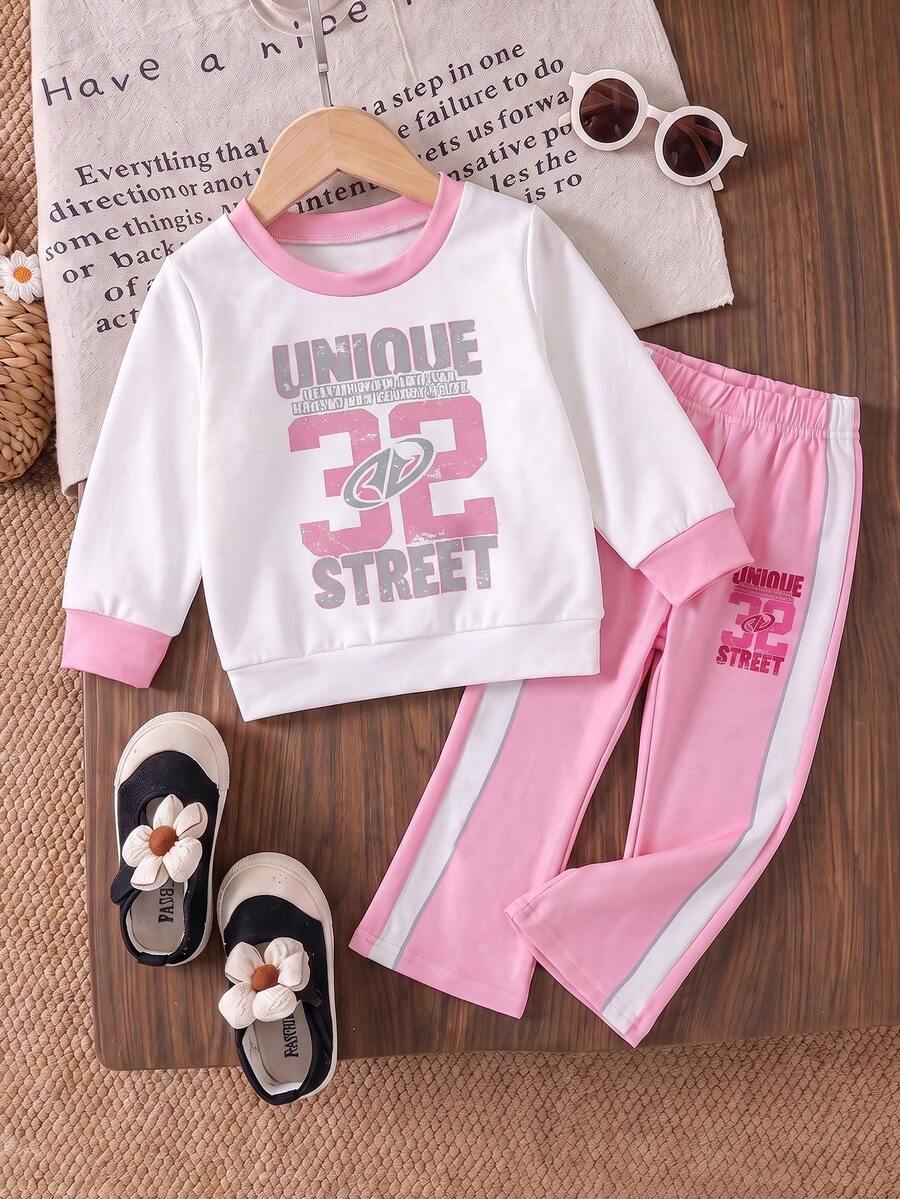2pcs/Set Baby Girl Casual New Letter Print Crew Neck Top And Fashion Korean Style Vibrant Color-Block Eye-Catching Pink Niche Flared Pants Autumn/Winter - Pink - View 1
