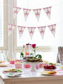 1pc Party Decoration Triangle Banner Pull Flag, Pink Flower Smiling Unicorn Pattern Unicorn Theme Pennant For Various Theme Parties And Daily Decoration - 1 - View 2