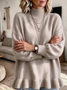 Plus Size Women's Fuzzy Medium Stretch Knit Stand Collar Ruffle Hem Pullover Sweater, Suitable For Autumn/Winter - Apricot - View 3