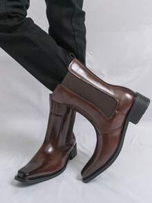 Men's Square Toe Solid Color Comfortable Breathable Thick Sole Height Increasing Slip-On Daily Commute Casual Boots - Brown - View 6