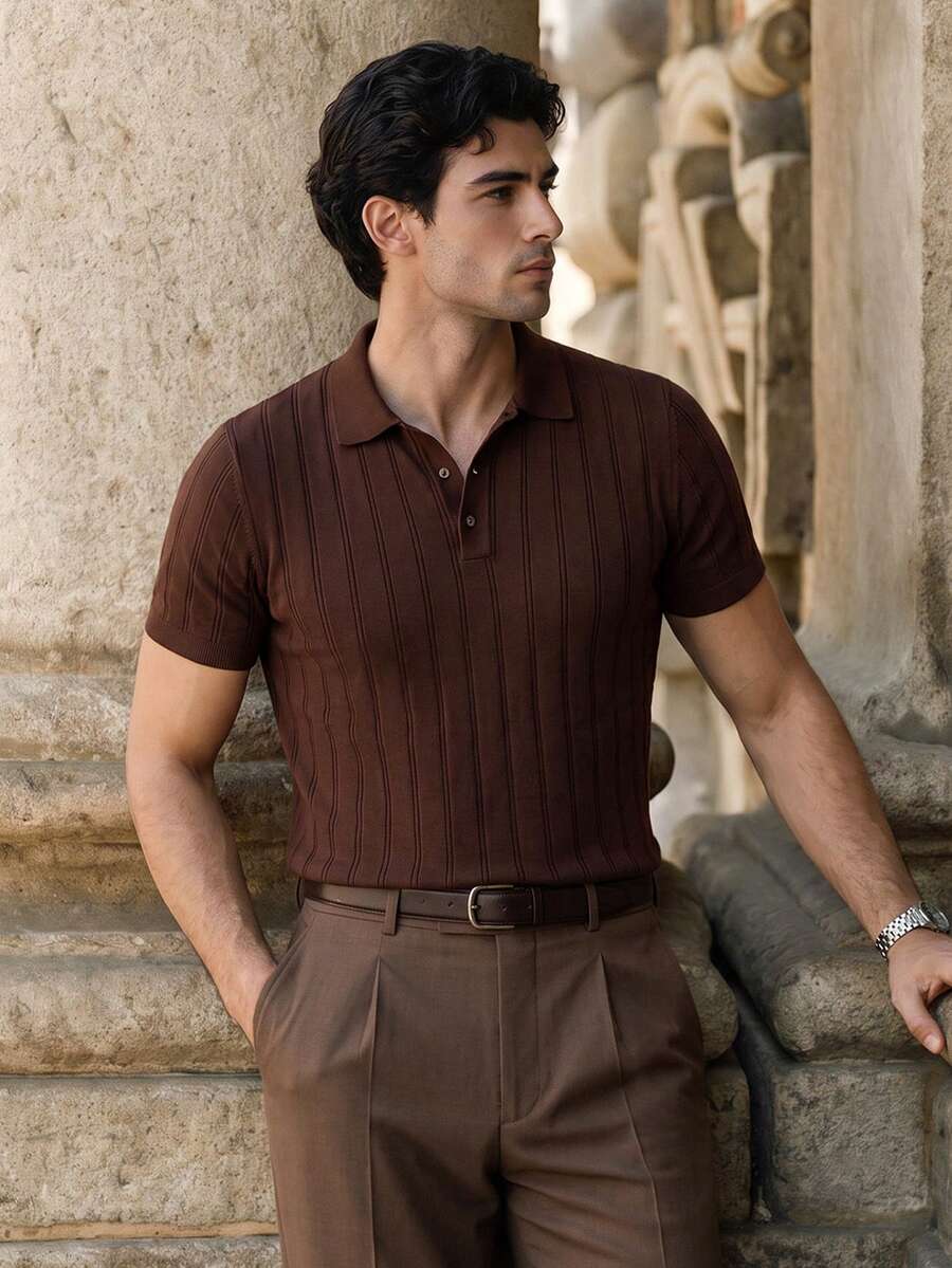 ALTZTAR 男士罗纹短袖 Polo 领针织衫,适合日常穿着、户外活动和通勤。 - 棕色 - 查看 1