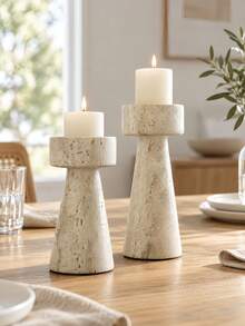 1pc Beige Faux Stone Marble Texture Pillar Candle Holder Set, High & Low Modern Stone Effect Candle Stand, Suitable For Living Room, Dining Table And Wedding Centerpiece Decor - Yellow Hole Stone - View 3