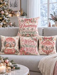 shangxia 4PCS--Pink Crystal Ball Christmas Print Pillow Covers, Bow Bell Small Town Snow Scene Text Sofa Cushion Covers---(Pillow Insert Not Included) - Pink - View 9